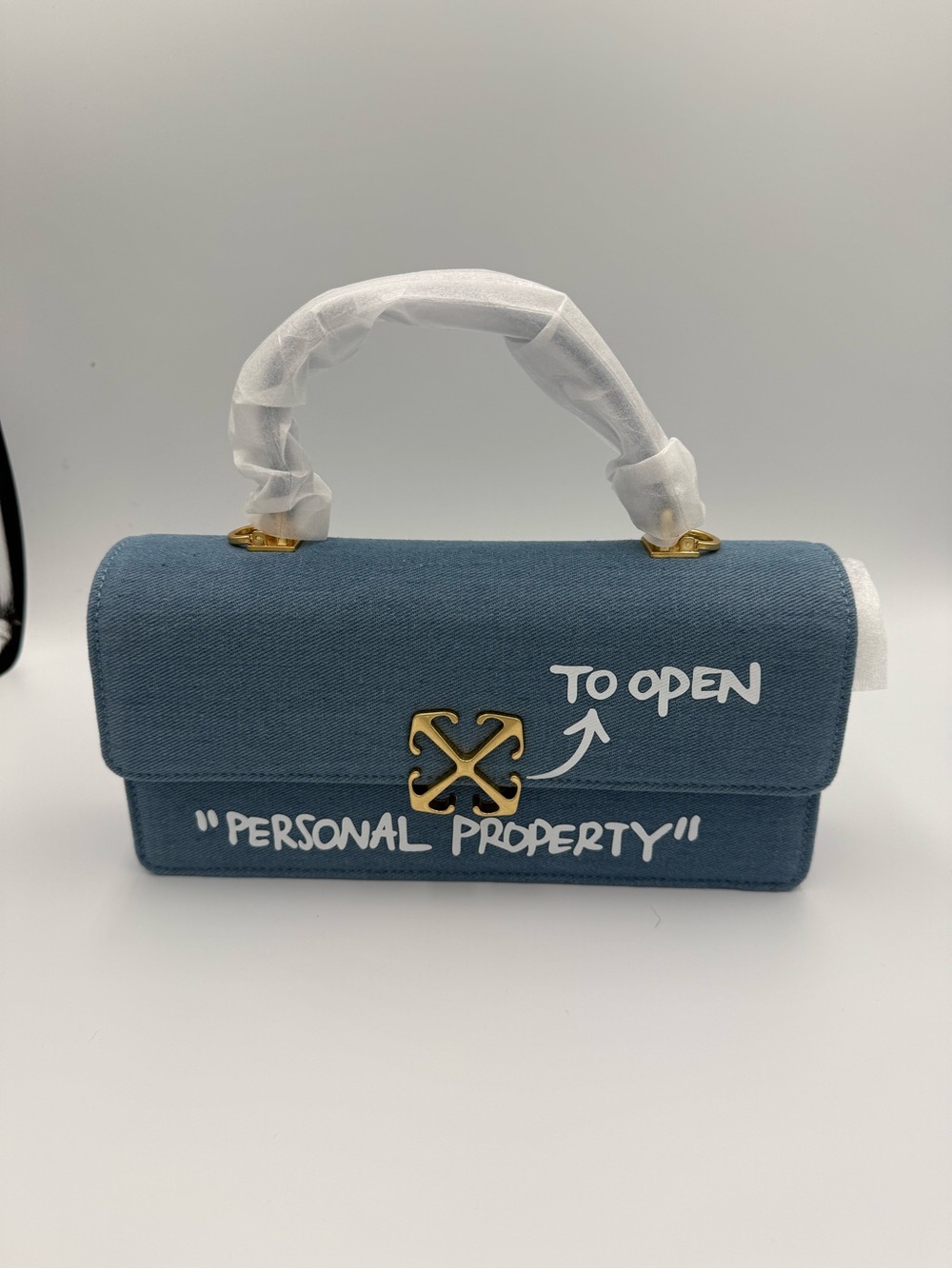Off-White Blue Canvas Top-Handle Satchel with White Script